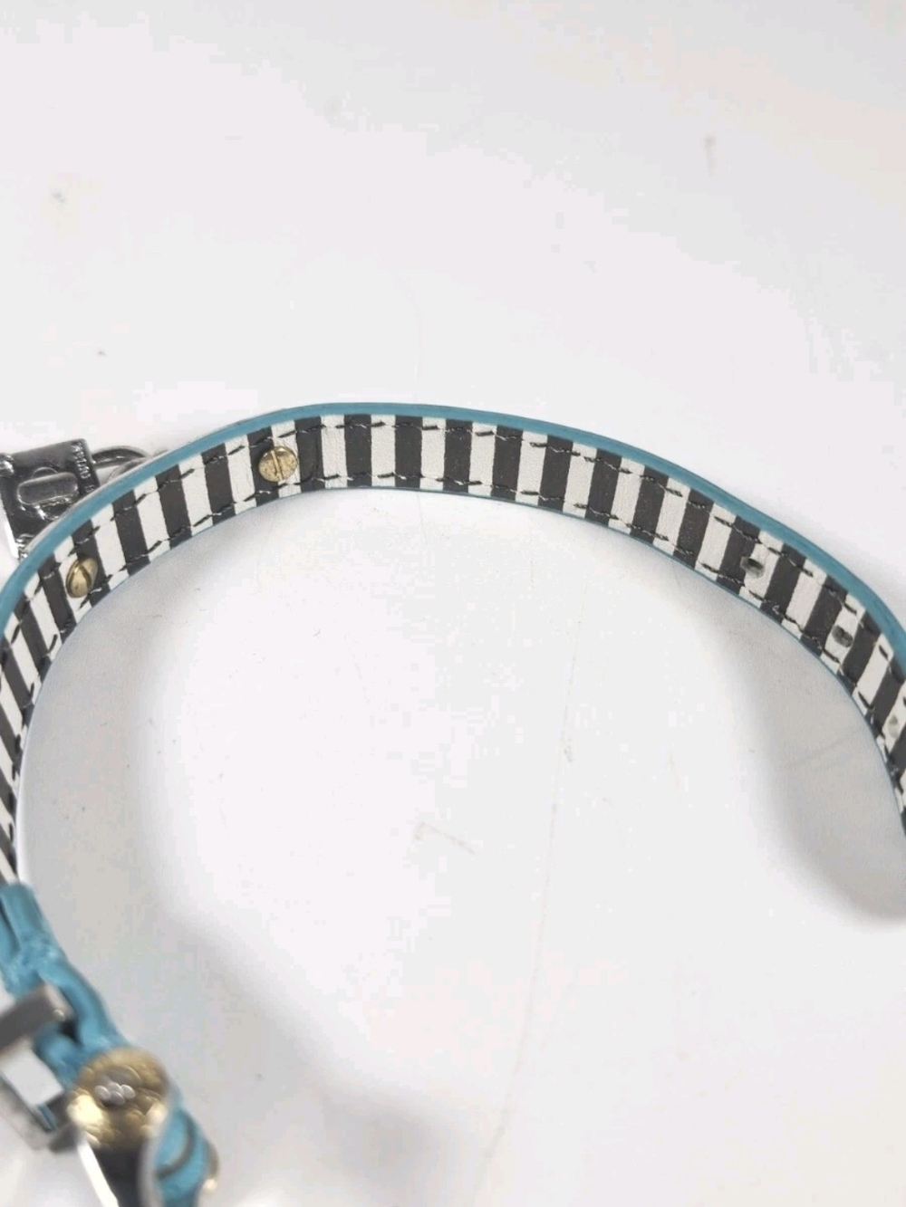Henri Bendel Vintage Silver Tone Leather Lock Logo Bracelet Turquoise Blue - Picture 10 of 16